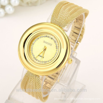 Luxo largo e fino de aço inoxidável faixa de ouro relógio de pulso para mulheres Lady Watch